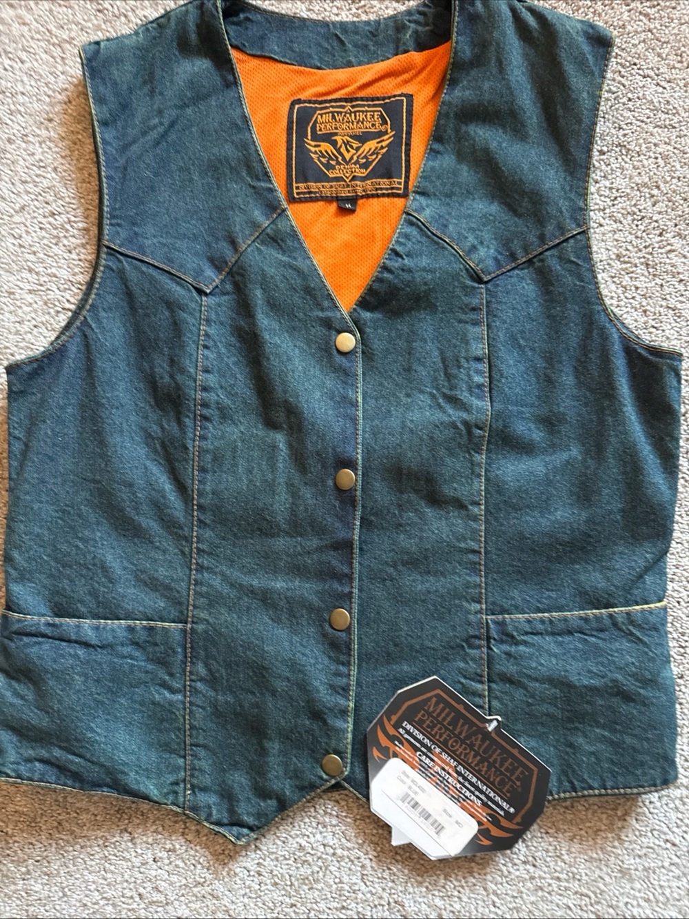 Milwaukee Performance Women's Denim Vest in Dark Blue with Orange Lining